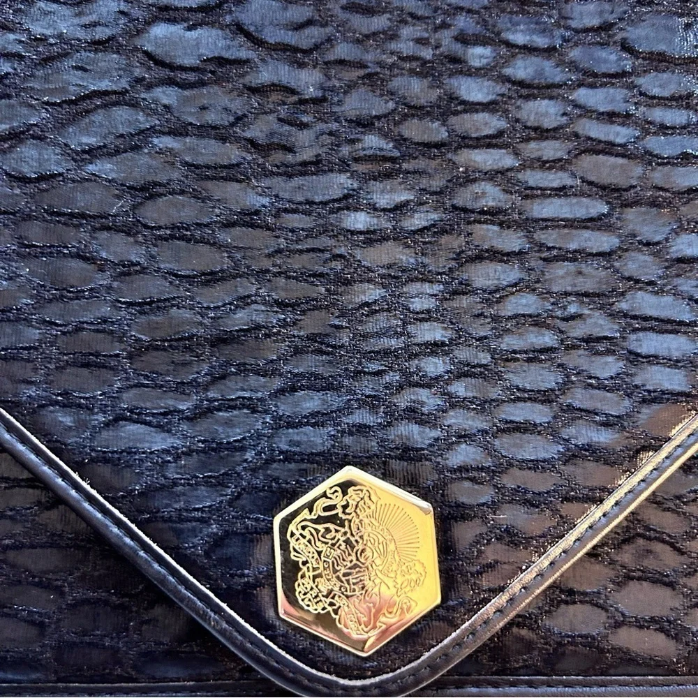 Revillon Vintage Black Alligator Print Handbag with Gold Chain